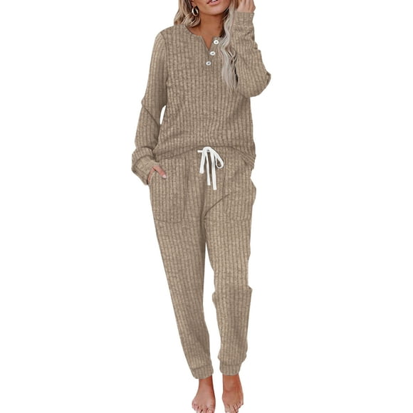 MOSHU Two Piece Womens Pajama Sets Button Down Shirts and Drawstring Pants with Pockets Solid Lounge Sets for Women