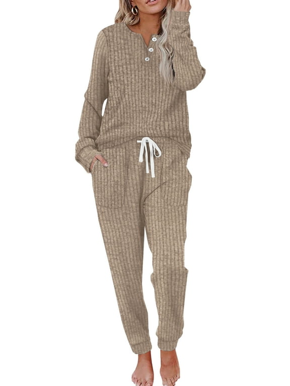 Two Piece Womens Pajama Sets Button Down Shirts and Drawstring Pants with Pockets Solid Lounge Sets for Women