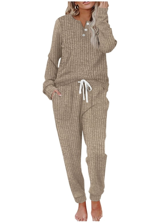 Two Piece Womens Pajama Sets Button Down Shirts and Drawstring Pants with Pockets Solid Lounge Sets for Women