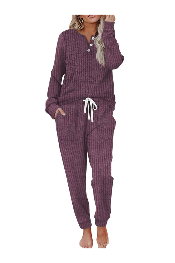 Two Piece Womens Pajama Sets Button Down Shirts and Drawstring Pants with Pockets Solid Lounge Sets for Women