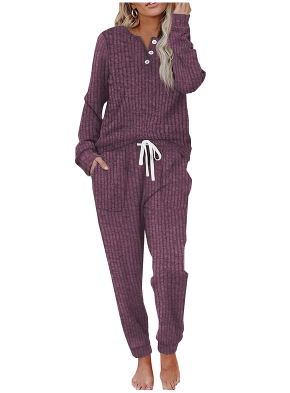 Two Piece Womens Pajama Sets Button Down Shirts and Drawstring Pants with Pockets Solid Lounge Sets for Women