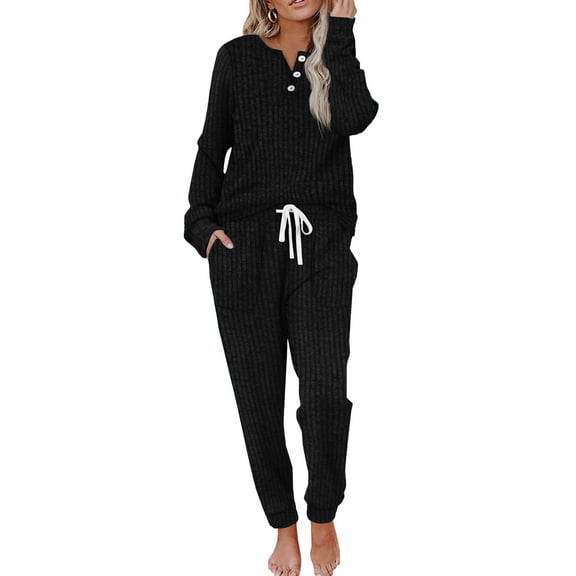 MOSHU Two Piece Womens Pajama Sets Button Down Shirts and Drawstring Pants with Pockets Solid Lounge Sets for Women