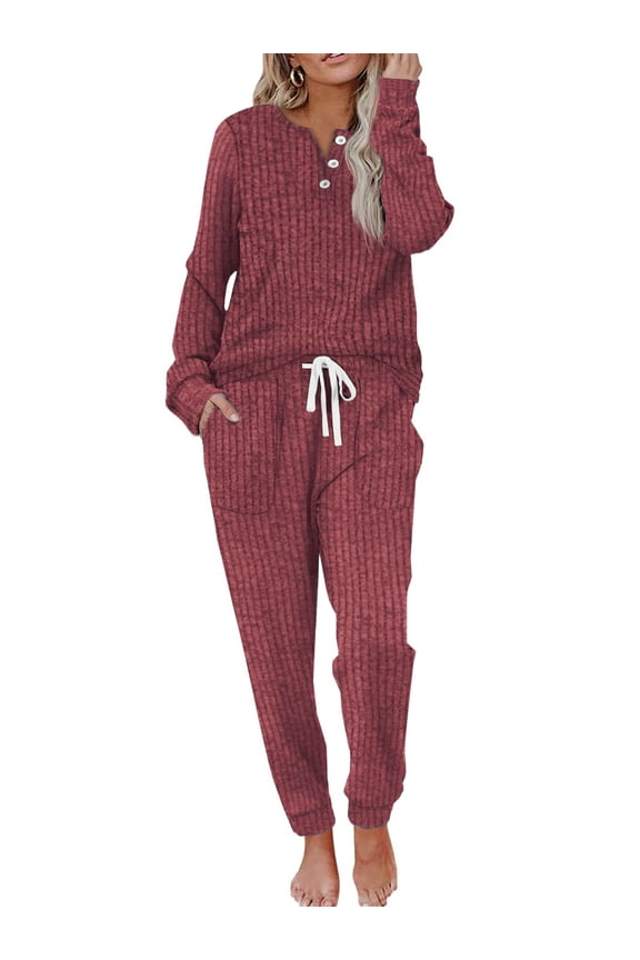 Two Piece Womens Pajama Sets Button Down Shirts and Drawstring Pants with Pockets Solid Lounge Sets for Women