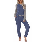 MOSHU Two Piece Womens Pajama Sets Pullover Raglan Long Sleeve Tops and Tapered Drawstring Pants with Pockets Color Block Lounge Sets