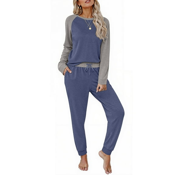 MOSHU Two Piece Womens Pajama Sets Pullover Raglan Long Sleeve Tops and Tapered Drawstring Pants with Pockets Color Block Lounge Sets