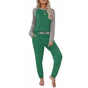 MOSHU Plus Size Two Piece Womens Pajama Sets Pullover Raglan Long Sleeve Tops and Tapered Drawstring Pants with Pockets Color Block Lounge Sets