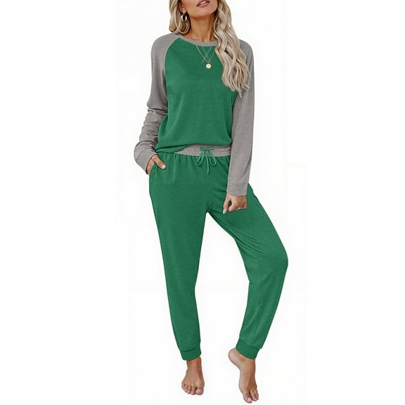 MOSHU Two Piece Womens Pajama Sets Pullover Raglan Long Sleeve Tops and Tapered Drawstring Pants with Pockets Color Block Lounge Sets