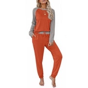 MOSHU Plus Size Two Piece Womens Pajama Sets Pullover Raglan Long Sleeve Tops and Tapered Drawstring Pants with Pockets Color Block Lounge Sets