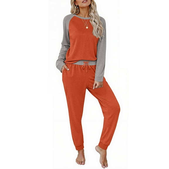 MOSHU Two Piece Womens Pajama Sets Pullover Raglan Long Sleeve Tops and Tapered Drawstring Pants with Pockets Color Block Lounge Sets