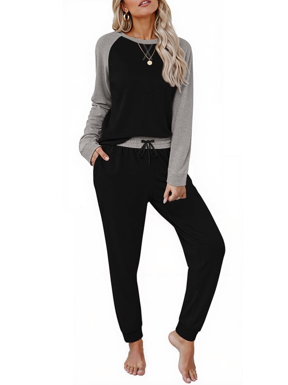 Two Piece Womens Pajama Sets Pullover Raglan Long Sleeve Tops and Tapered Drawstring Pants with Pockets Color Block Lounge Sets