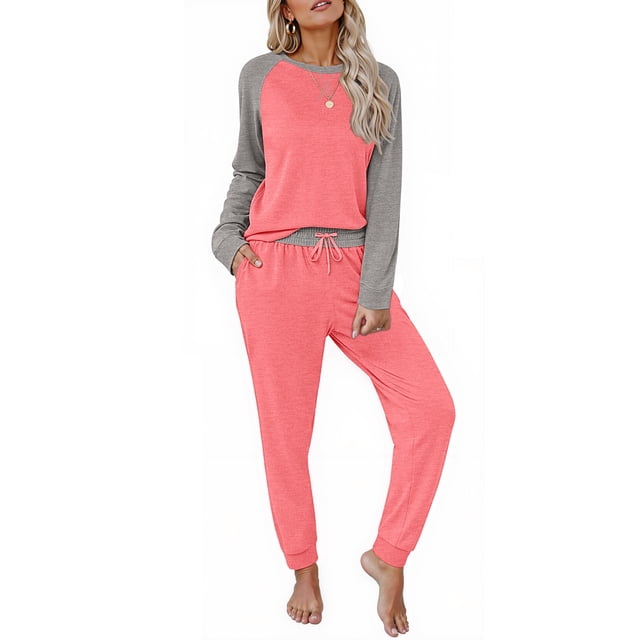 MOSHU Two Piece Womens Pajama Sets Pullover Raglan Long Sleeve Tops and Tapered Drawstring Pants with Pockets Color Block Lounge Sets