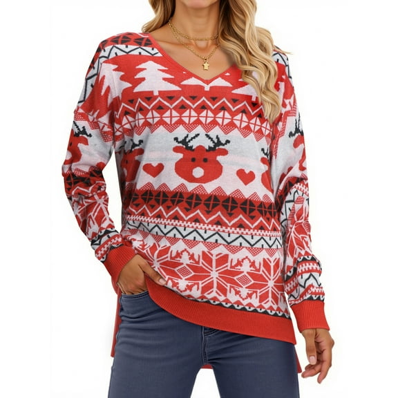 MOSHU Ugly Christmas Sweaters for Women Graphic Knitted Pullover Sweaters Casual V-neck Side Slits Tops