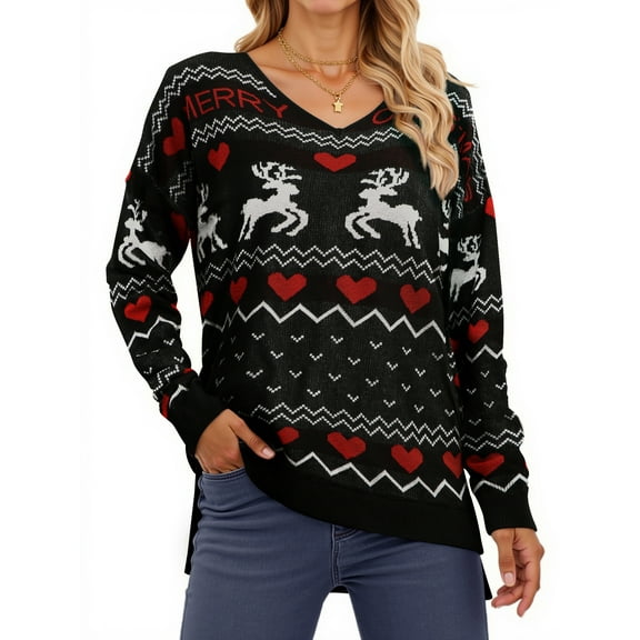MOSHU Ugly Christmas Sweaters for Women Graphic Knitted Pullover Sweaters Casual V-neck Side Slits Tops