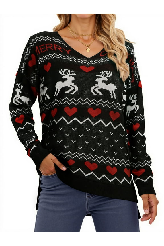 Ugly Christmas Sweaters for Women Graphic Knitted Pullover Sweaters Casual V-neck Side Slits Tops