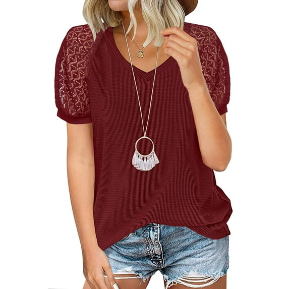 MOSHU V-Neck Blouses for Women Lace Short Sleeve Shirts Casual Women Tops