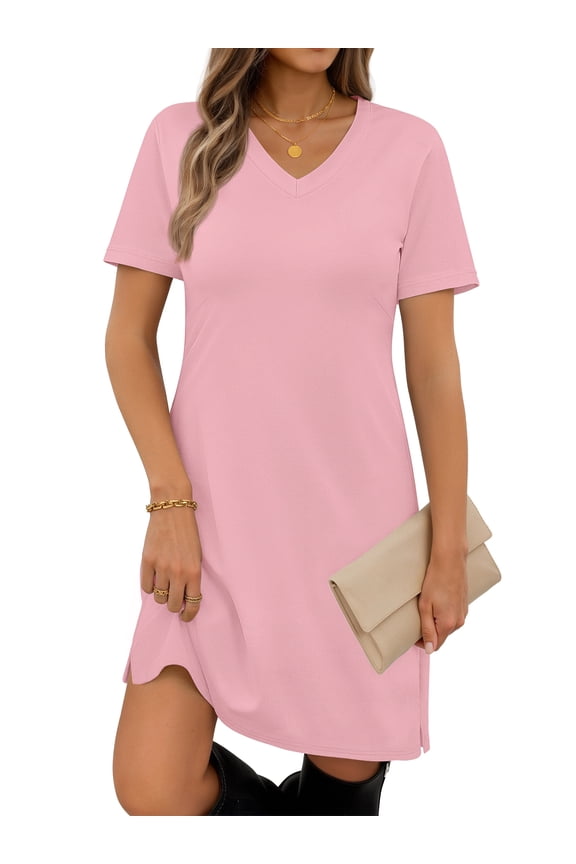 V Neck Dresses for Women Side Split Short Sleeve Dresses Casual Summer Dress with Pockets