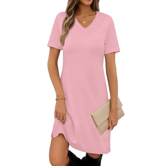 MOSHU V Neck Dresses for Women Side Split Short Sleeve Dresses Casual Summer Dress with Pockets