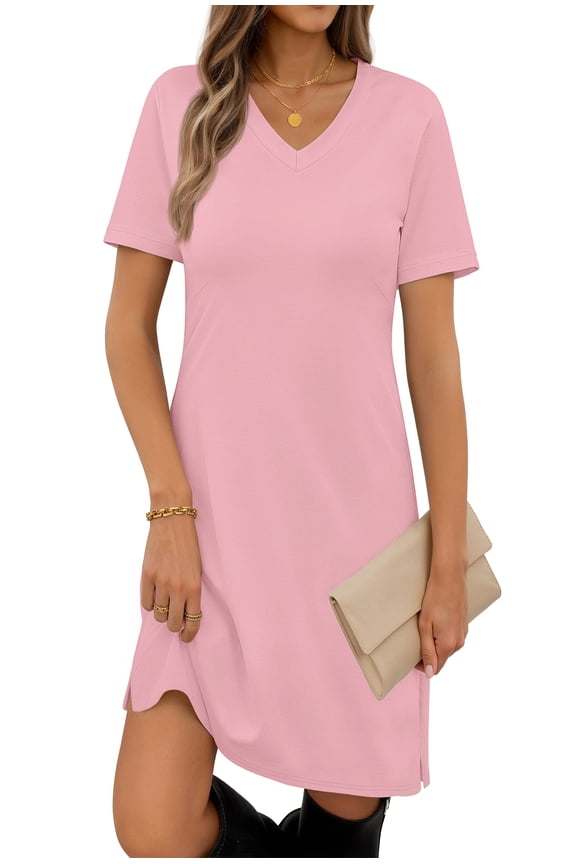 V Neck Dresses for Women Side Split Short Sleeve Dresses Casual Summer Dress with Pockets