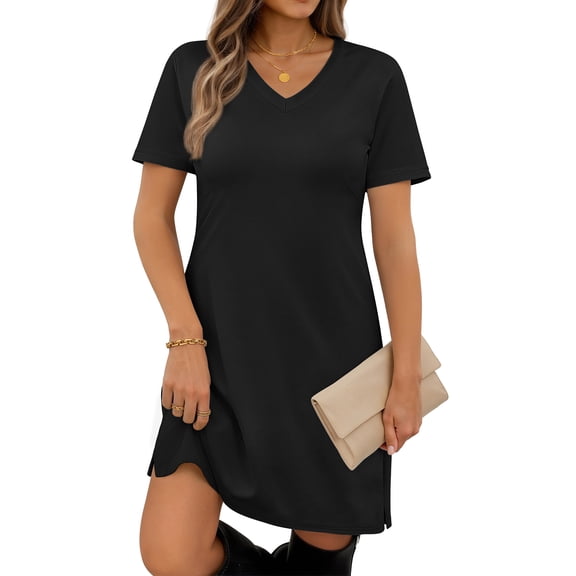 MOSHU V Neck Dresses for Women Side Split Short Sleeve Dresses Casual Summer Dress with Pockets