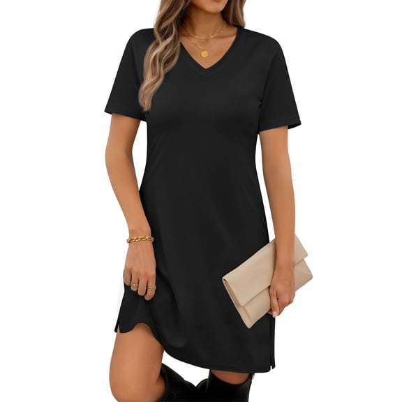 MOSHU V Neck Dresses for Women Side Split Short Sleeve Dresses Casual Summer Dress with Pockets