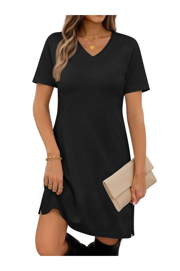 V Neck Dresses for Women Side Split Short Sleeve Dresses Casual Summer Dress with Pockets