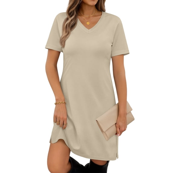 MOSHU V Neck Dresses for Women Side Split Short Sleeve Dresses Casual Summer Dress with Pockets