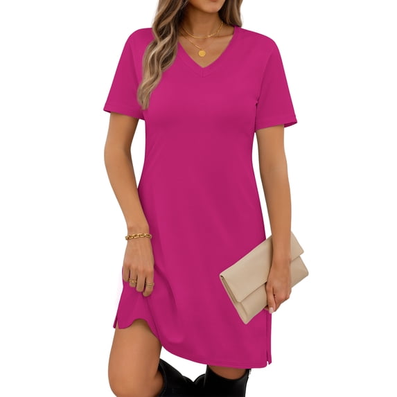 MOSHU V Neck Dresses for Women Side Split Short Sleeve Dresses Casual Summer Dress with Pockets