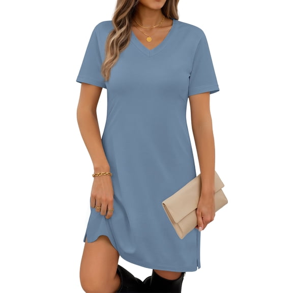 MOSHU V Neck Dresses for Women Side Split Short Sleeve Dresses Casual Summer Dress with Pockets