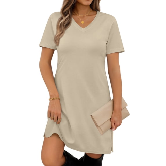 MOSHU V Neck Dresses for Women Side Split Short Sleeve Dresses Casual Summer Dress with Pockets