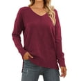 thumbnail image 1 of MOSHU V Neck Sweaters for Women Fall Lightweight Knit Pullover Sweater Side Slits Tops, 1 of 9