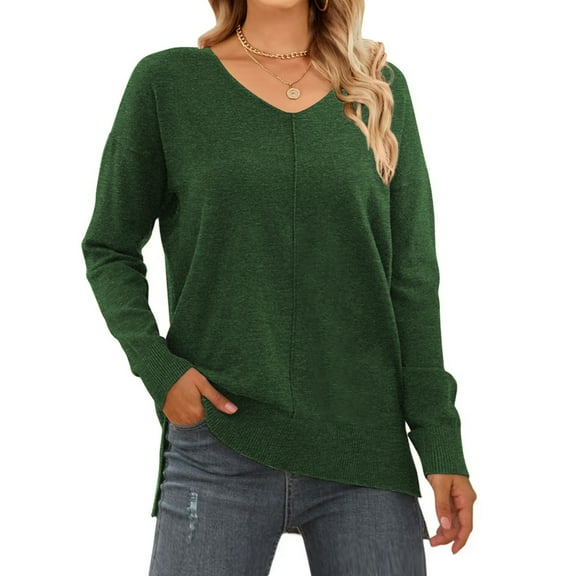 MOSHU V Neck Sweaters for Women Fall Lightweight Knit Pullover Sweater Side Slits Tops