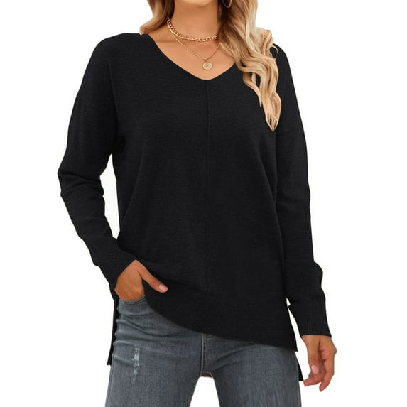 MOSHU V Neck Sweaters for Women Fall Lightweight Knit Pullover Sweater Side Slits Tops
