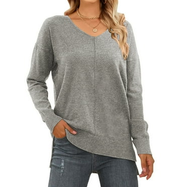 MOSHU V Neck Sweaters for Women Fall Lightweight Knit Pullover Sweater Side Slits Tops