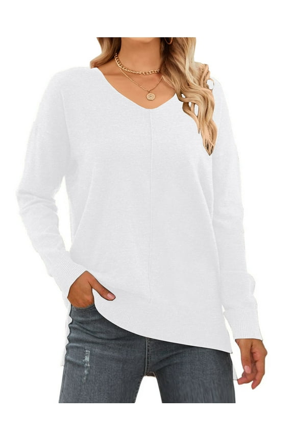 V Neck Sweaters for Women Fall Lightweight Knit Pullover Sweater Side Slits Tops