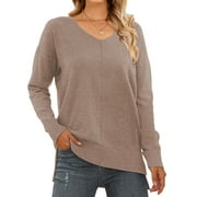 MOSHU V Neck Sweaters for Women Fall Lightweight Knit Pullover Sweater Side Slits Tops