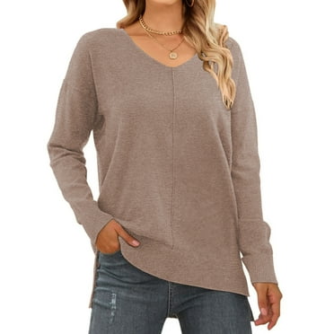 MOSHU V Neck Sweaters for Women Fall Lightweight Knit Pullover Sweater Side Slits Tops