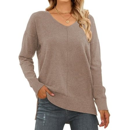 MOSHU V Neck Sweaters for Women Fall Lightweight Knit Pullover Sweater Side Slits Tops