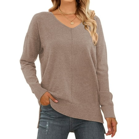 MOSHU V Neck Sweaters for Women Fall Lightweight Knit Pullover Sweater Side Slits Tops
