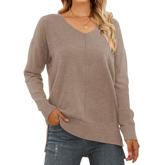 MOSHU V Neck Sweaters for Women Fall Lightweight Knit Pullover Sweater Side Slits Tops