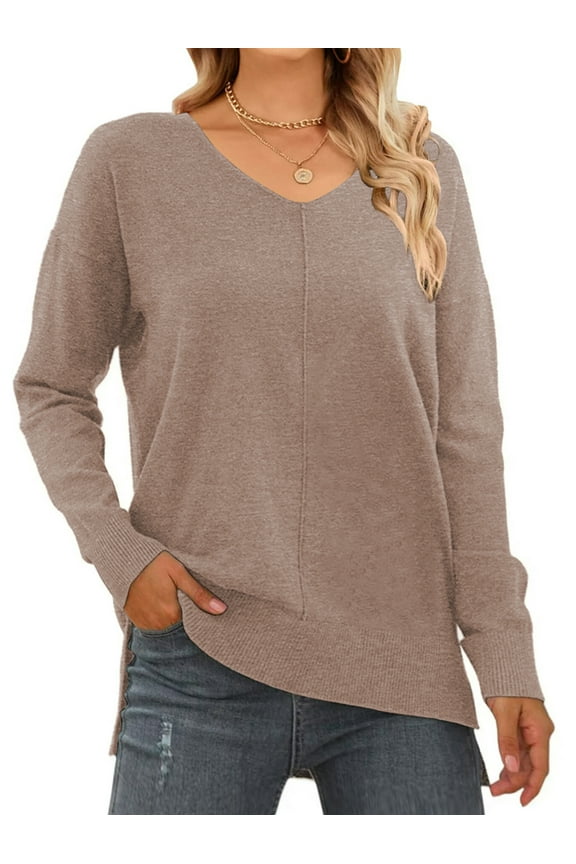 V Neck Sweaters for Women Fall Lightweight Knit Pullover Sweater Side Slits Tops