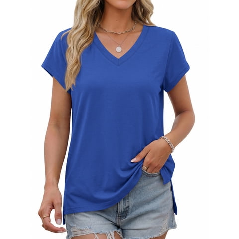 V Neck T-Shirts for Womens Side Split Short Sleeve Shirts Loose Fit Tee Dressy Casual Women Tops