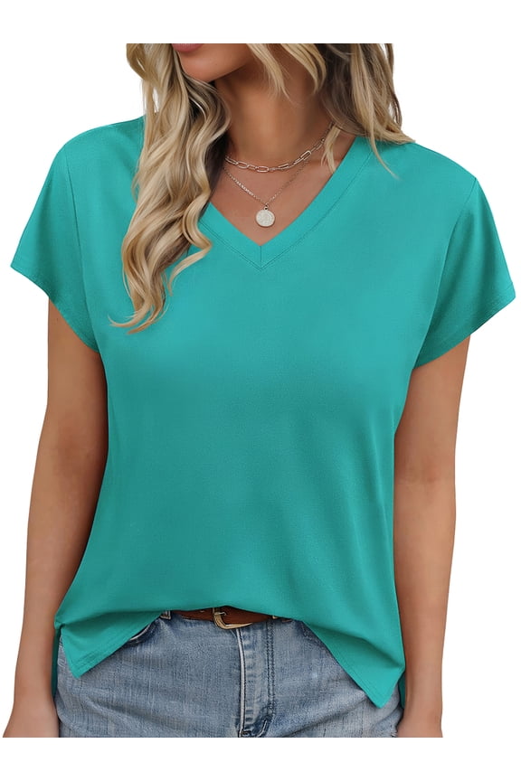 V Neck T-Shirts for Womens Side Split Short Sleeve Shirts Loose Fit Tee Dressy Casual Women Tops