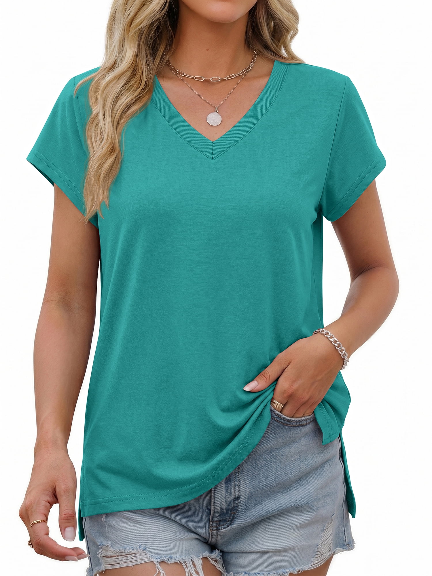 MOSHU V Neck T-Shirts for Womens Side Split Short Sleeve Shirts Loose ...