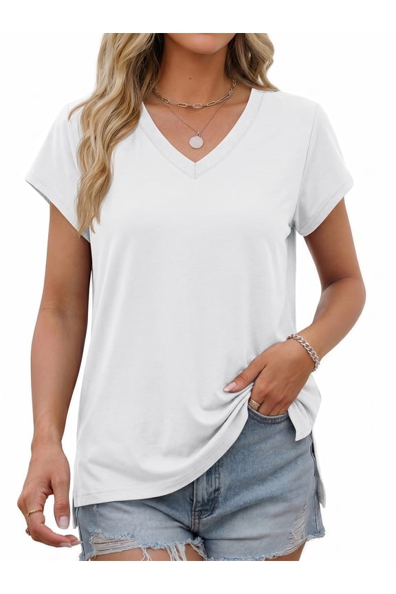 V Neck T-Shirts for Womens Side Split Short Sleeve Shirts Loose Fit Tee Dressy Casual Women Tops