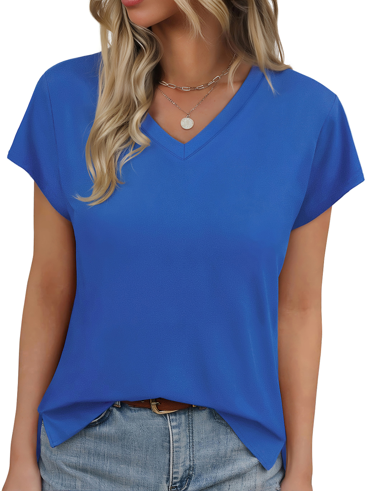 MOSHU V Neck T-Shirts for Womens Side Split Short Sleeve Shirts Loose ...