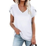 MOSHU V-Neck T-shirts for Women Petal Sleeve Tunic Tops Summer Casual Womens Shirts