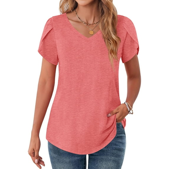 MOSHU V-Neck T-shirts for Women Petal Sleeve Tunic Tops Summer Casual Womens Shirts