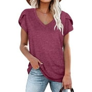 MOSHU V-Neck T-shirts for Women Petal Sleeve Tunic Tops Summer Casual Womens Shirts