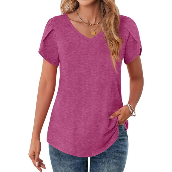 MOSHU V-Neck T-shirts for Women Petal Sleeve Tunic Tops Summer Casual Womens Shirts