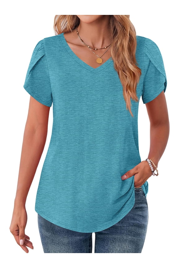 V-Neck T-shirts for Women Petal Sleeve Tunic Tops Summer Casual Womens Shirts